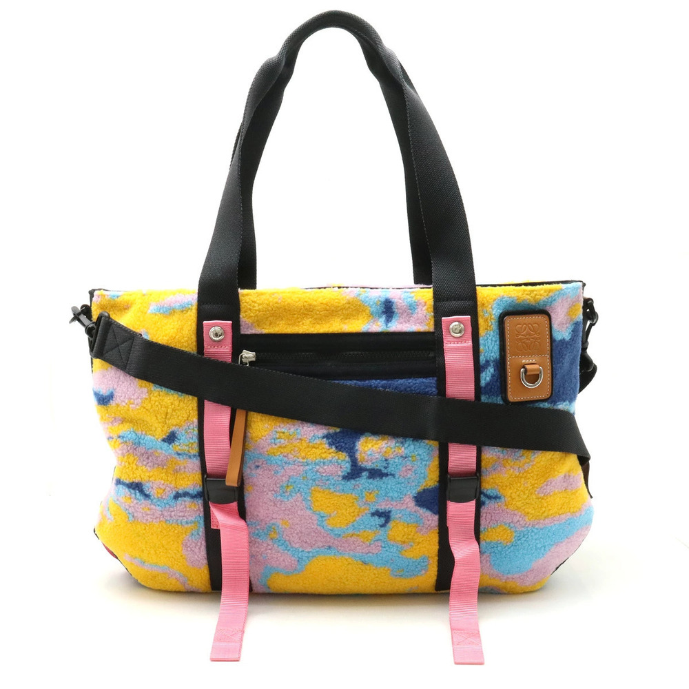 Loewe Fleece Tote Bag Crossbody Canvas Leather Multicolor Black